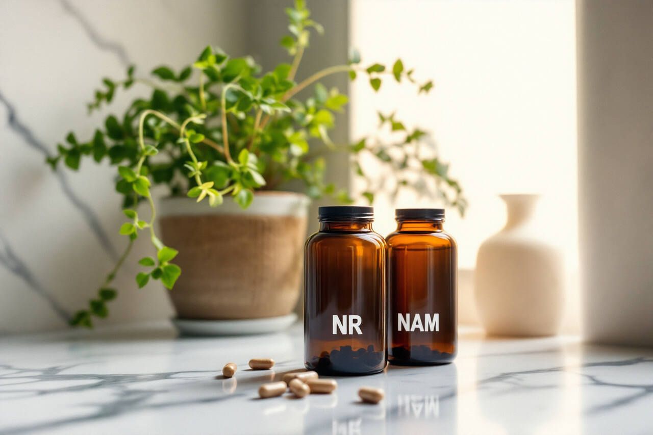 Two brown supplement bottles labeled 'NR' and 'NAM' sitting on a clean white marble countertop with soft natural light coming through a window.
