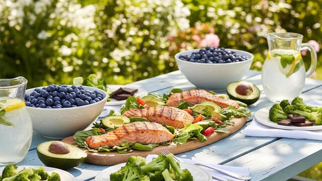 A beautiful spread of anti-aging foods on a blue picnic table: salmon, avocado, blueberries, dark chocolate.