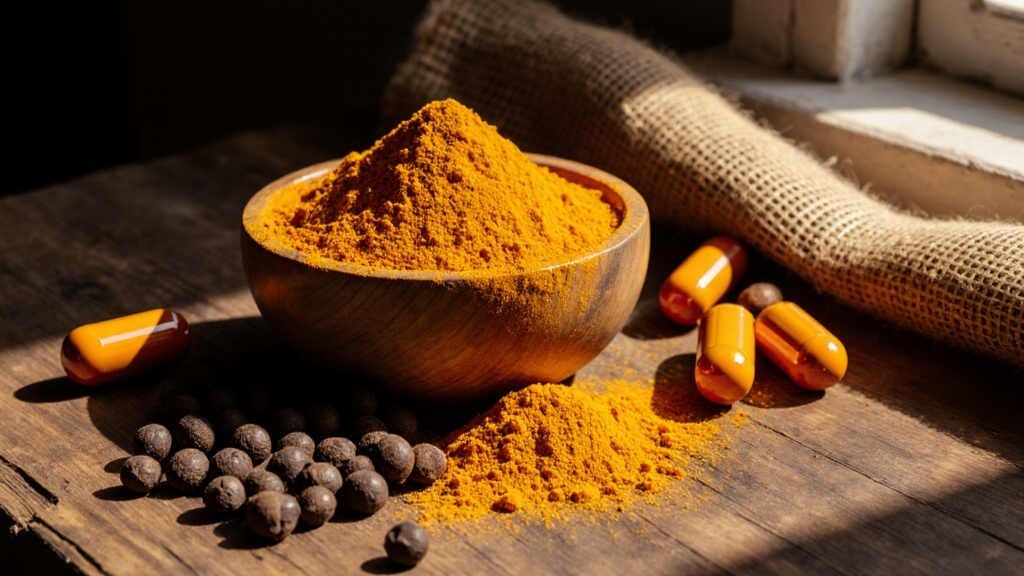 A bowl of turmeric powder surrounded by black peppercorns and yellow curcumin capsules.