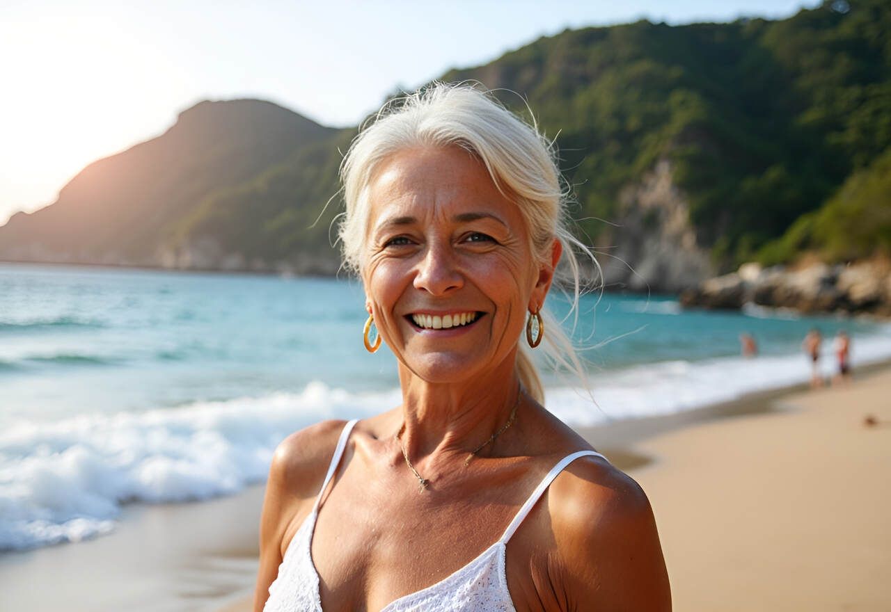 A healthy centenarian woman on the beach