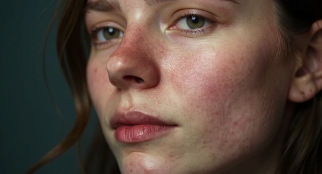 Close-up of a woman’s face showing redness on the cheeks and nose, resembling a niacin skin flush.