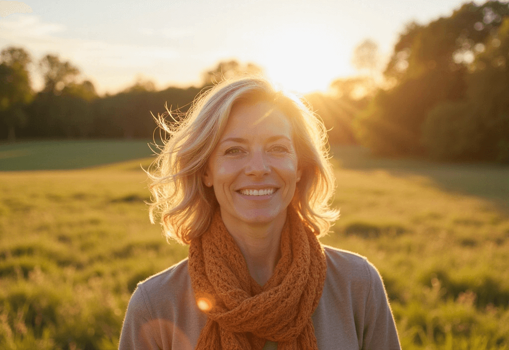 Portrait of happy mature woman enjoying wonderful sunny day in nature