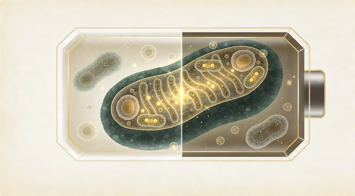 Minimalist illustration of a translucent battery shape filled with glowing cellular mitochondria representing NAD
