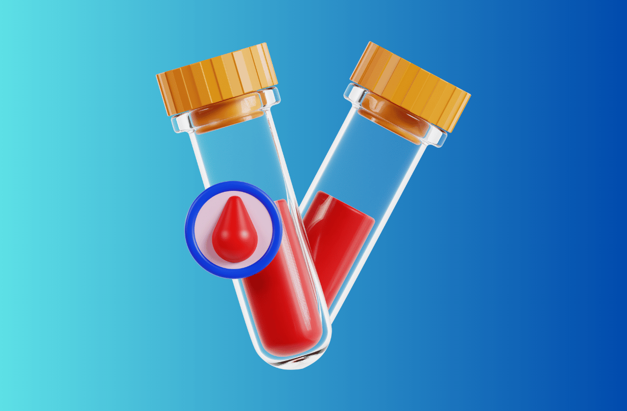 Two 3D blood test tubes on a blue gradient background