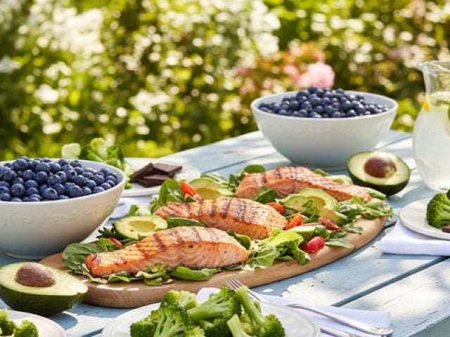 Premature Aging: Causes, Common Signs and Prevention Tips 9 A beautiful spread of anti-aging foods on a blue picnic table: salmon, avocado, blueberries, dark chocolate.