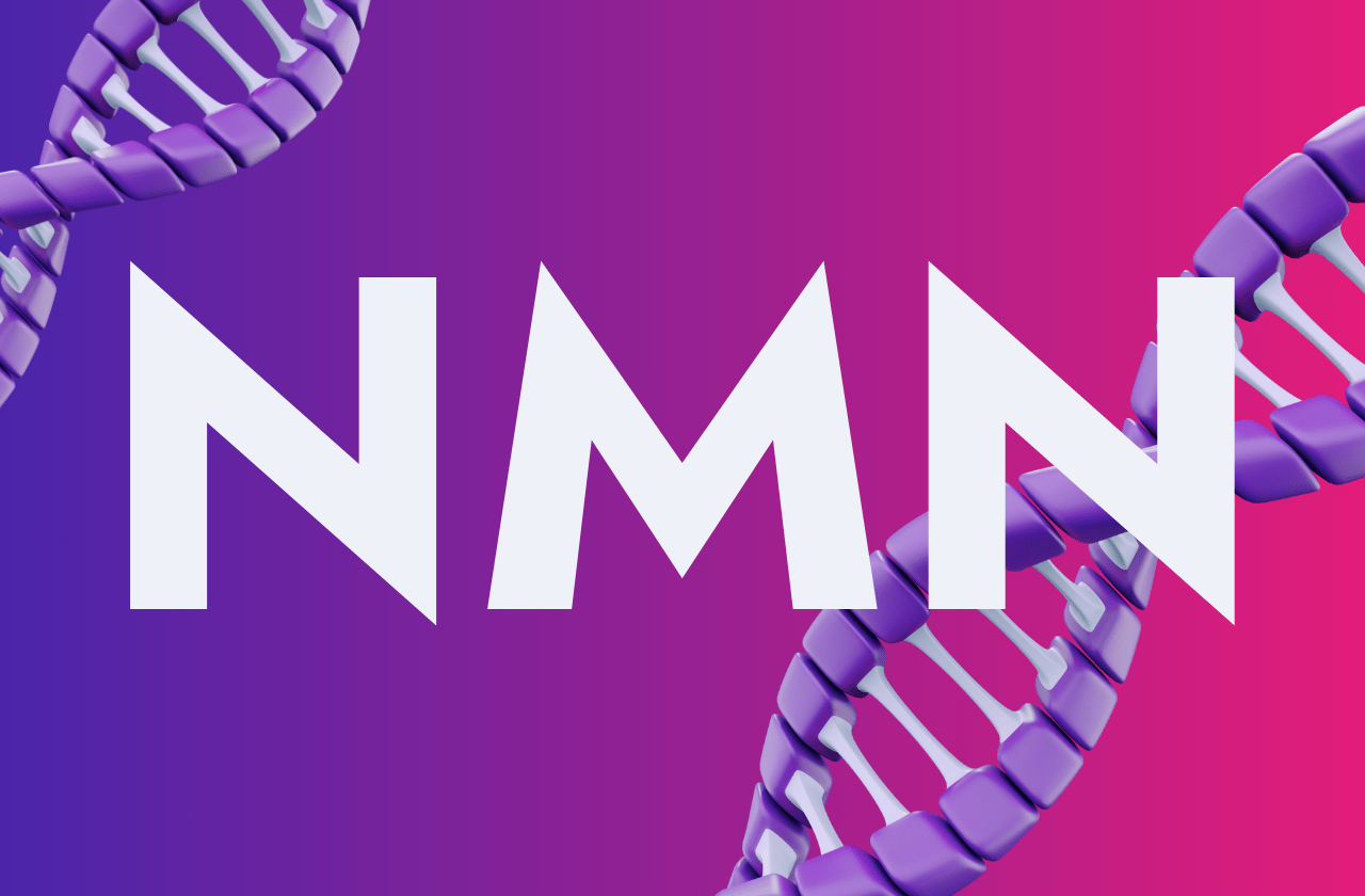 Featured image with the letters NMN in white over a purple gradient background with DNA strands.