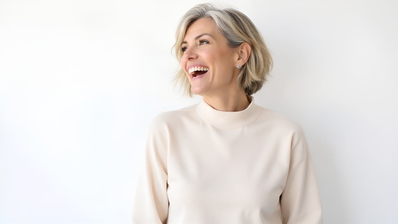 A woman with stylish short blonde-gray hair is smiling broadly while looking to the side on a plain background