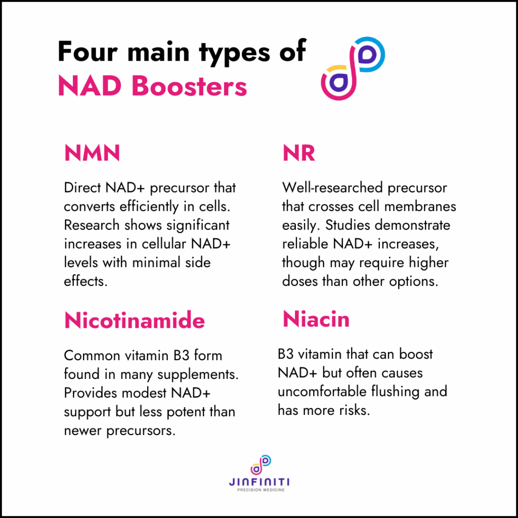 NAD Boosters: What Works and What Doesn't 3 Graphic showing the four main types of NAD boosters