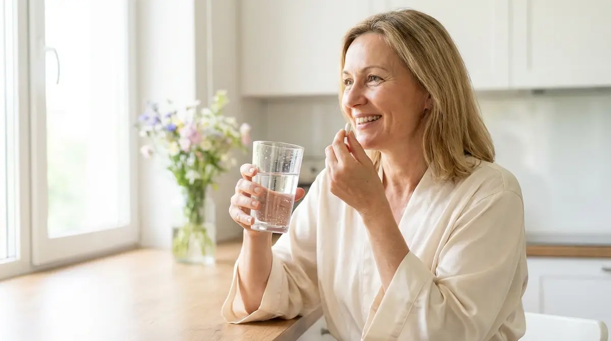A middle-aged woman takes her morning NMN supplement with a glass of water