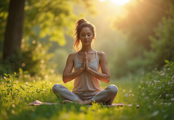 Woman doing yoga in sunlit park