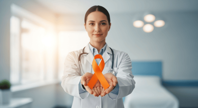 A doctor in a white coat with stethoscope displays an orange awareness ribbon.