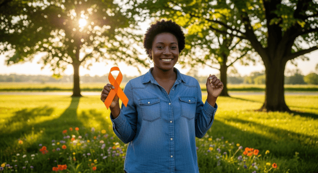 A smiling Black woman in a denim shirt holds an orange awareness ribbon outdoors.