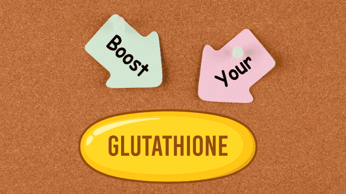 8 Ways to Boost Your Glutathione Levels Naturally 4 An illustration of two arrows labeled "Boost" and "Your" pointing to a yellow capsule with the word "Glutathione," symbolizing support for increasing glutathione levels.