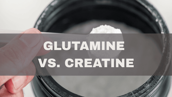 Glutamine vs Creatine: Science-Based Comparison 5 Close-up of a hand scooping white powder from a supplement container with overlaid text 'Glutamine vs. Creatine', representing a complete side-by-side comparison.