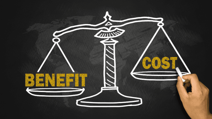 Illustration of a hand drawing a balance scale on a chalkboard, with the word 'Benefit' on one side and 'Cost' on the other.