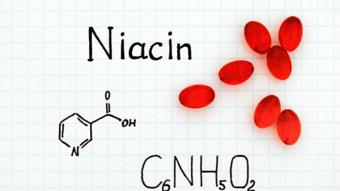 An image representing the niacin component, shown with supplements placed beside it.