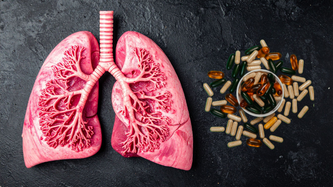 A medical model of human lungs placed next to a variety of supplement capsules on a dark background.