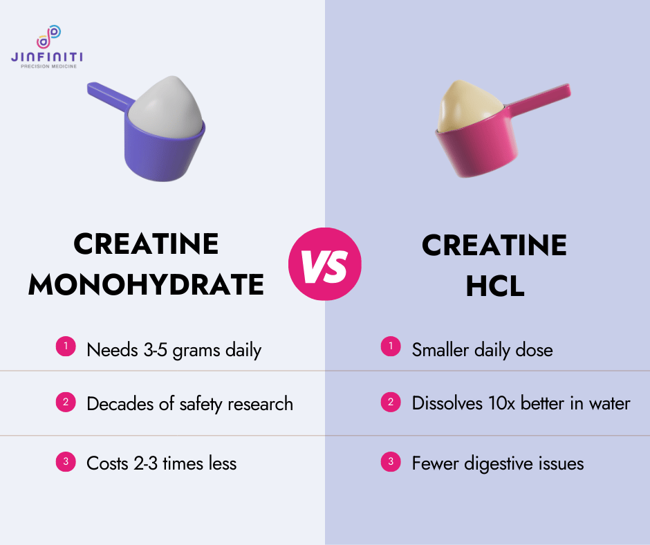 Infographic showing the key differences between creatine monohydrate and creatine HCL