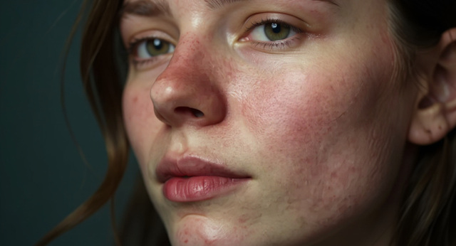 Close-up of a woman’s face showing redness on the cheeks and nose, resembling a niacin skin flush.