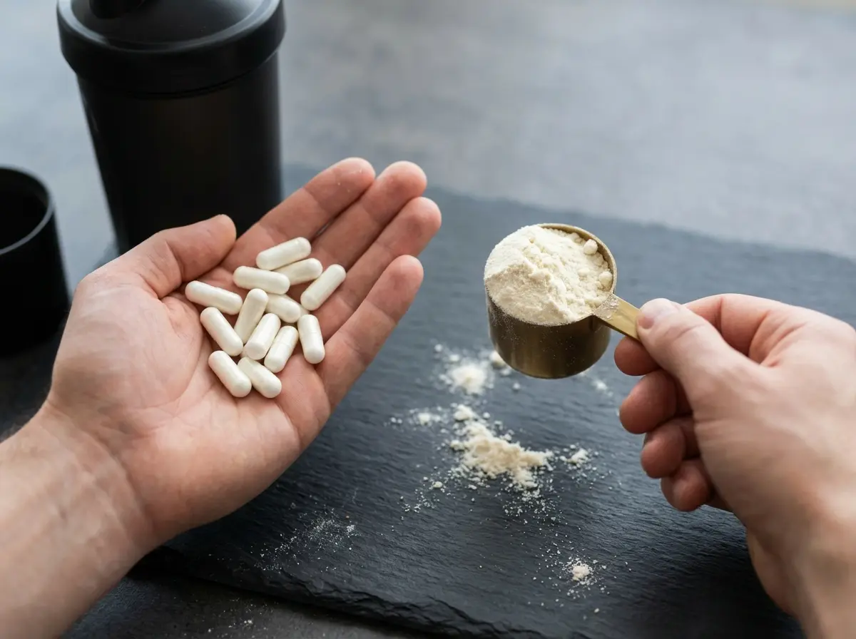 Creatine pills vs powder: a hand holds creatine capsules and a scoop of creatine