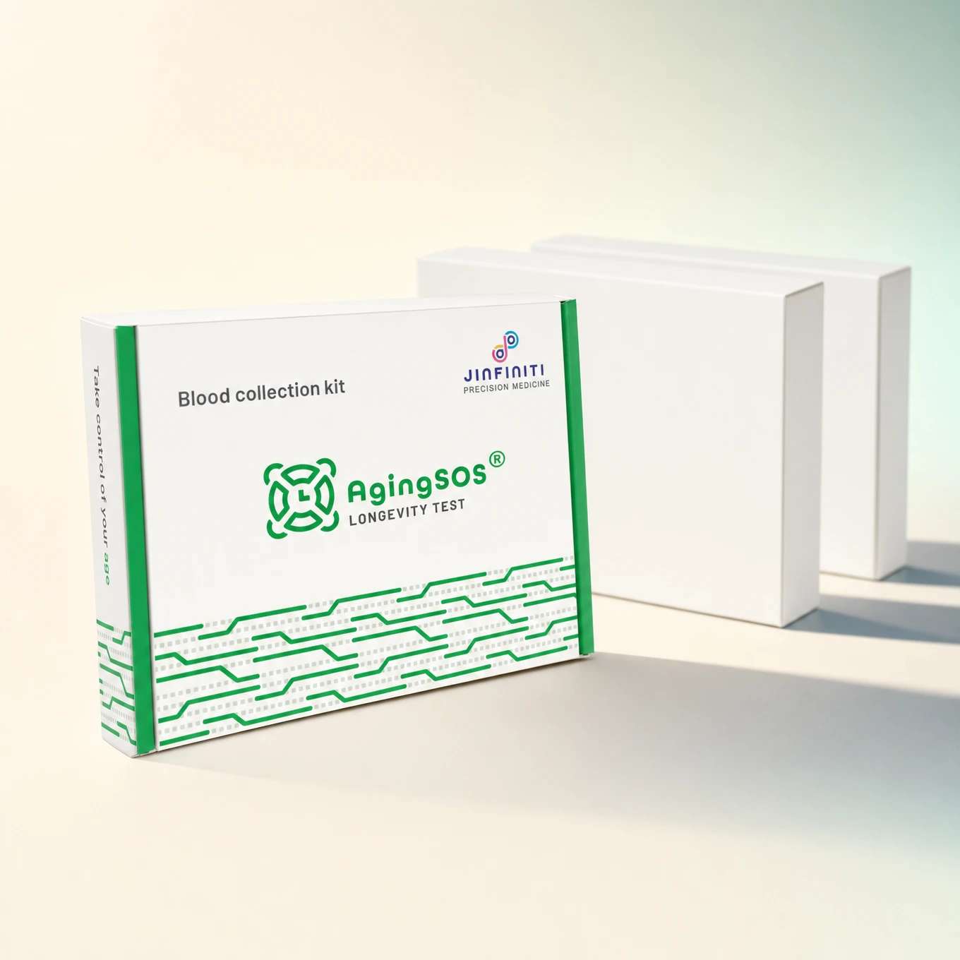 Jinfiniti AgingSOS blood collection kit on a cream background
