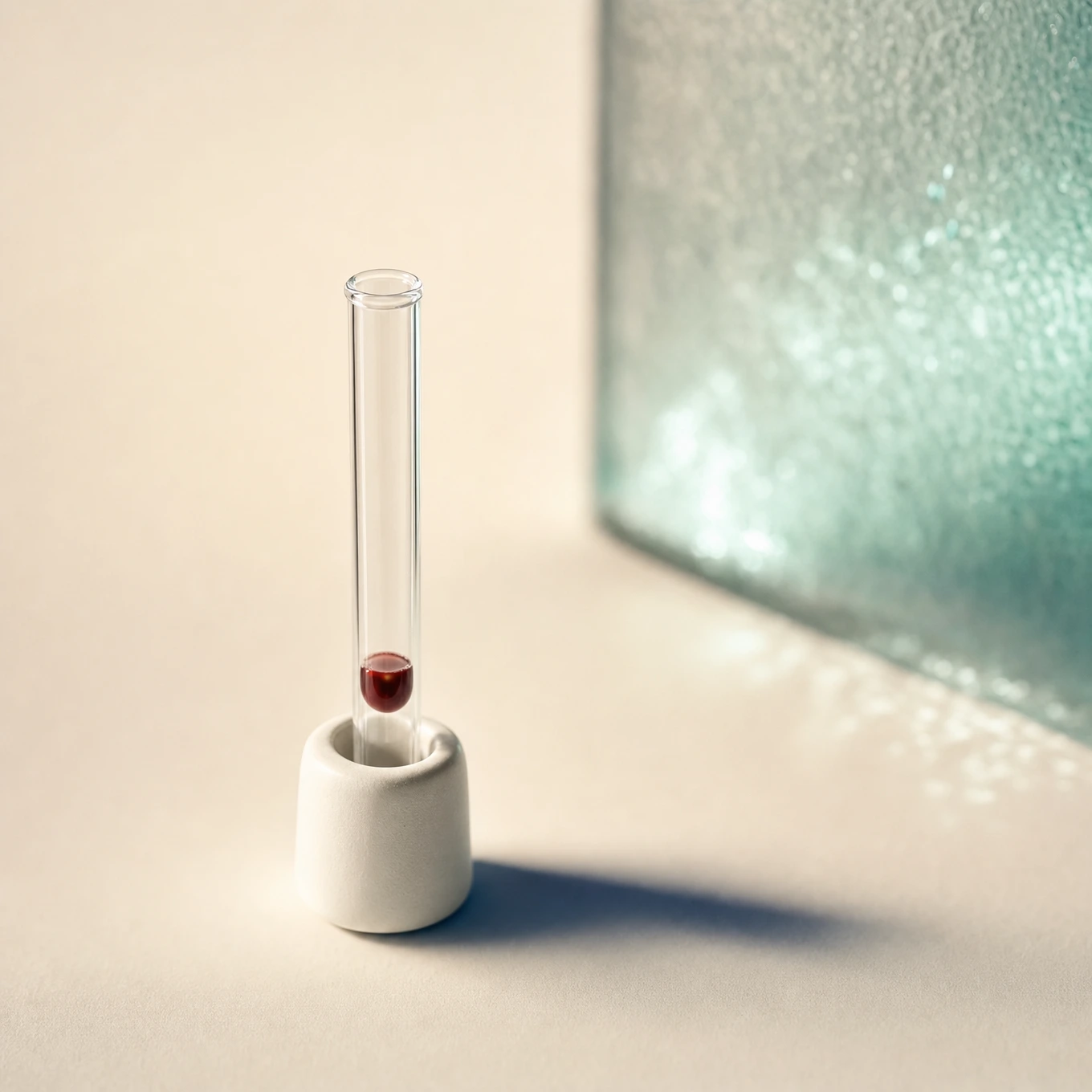 A single glass sample tube in a white ceramic holder on cream paper