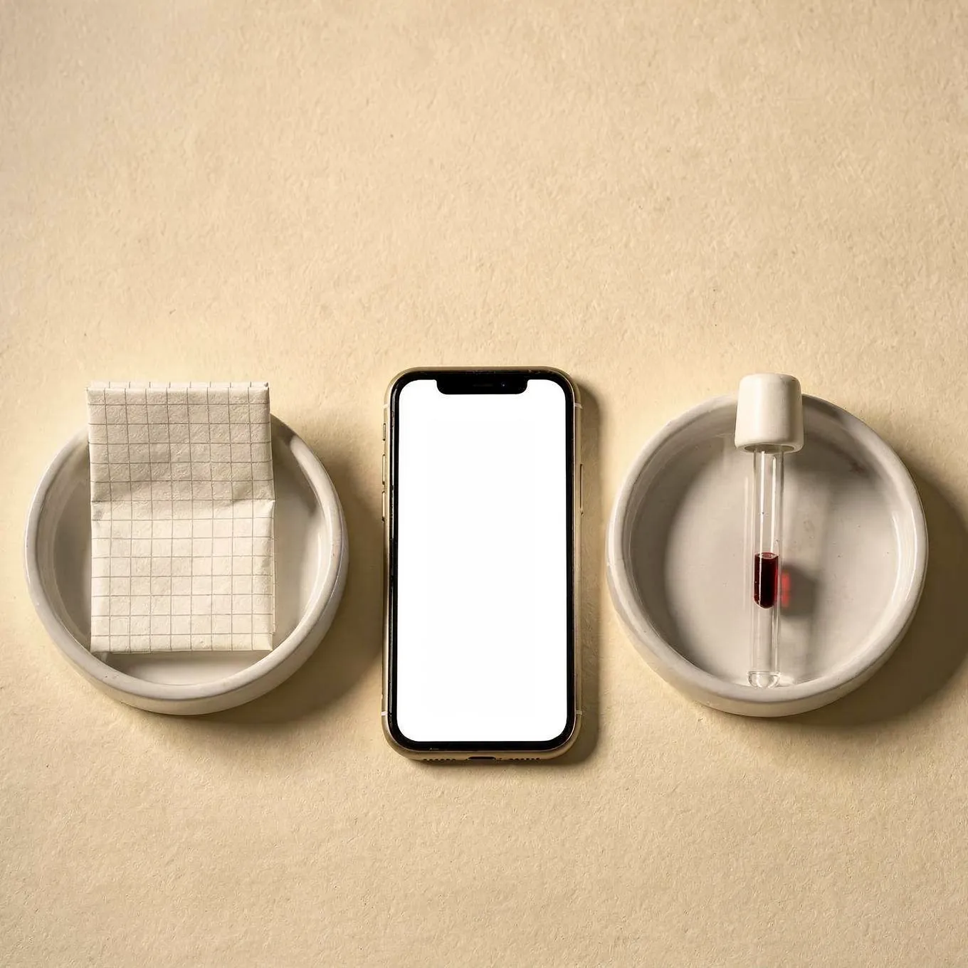 Three options side by side on cream paper: a folded grid report, a smartphone with a blank screen and a sample tube