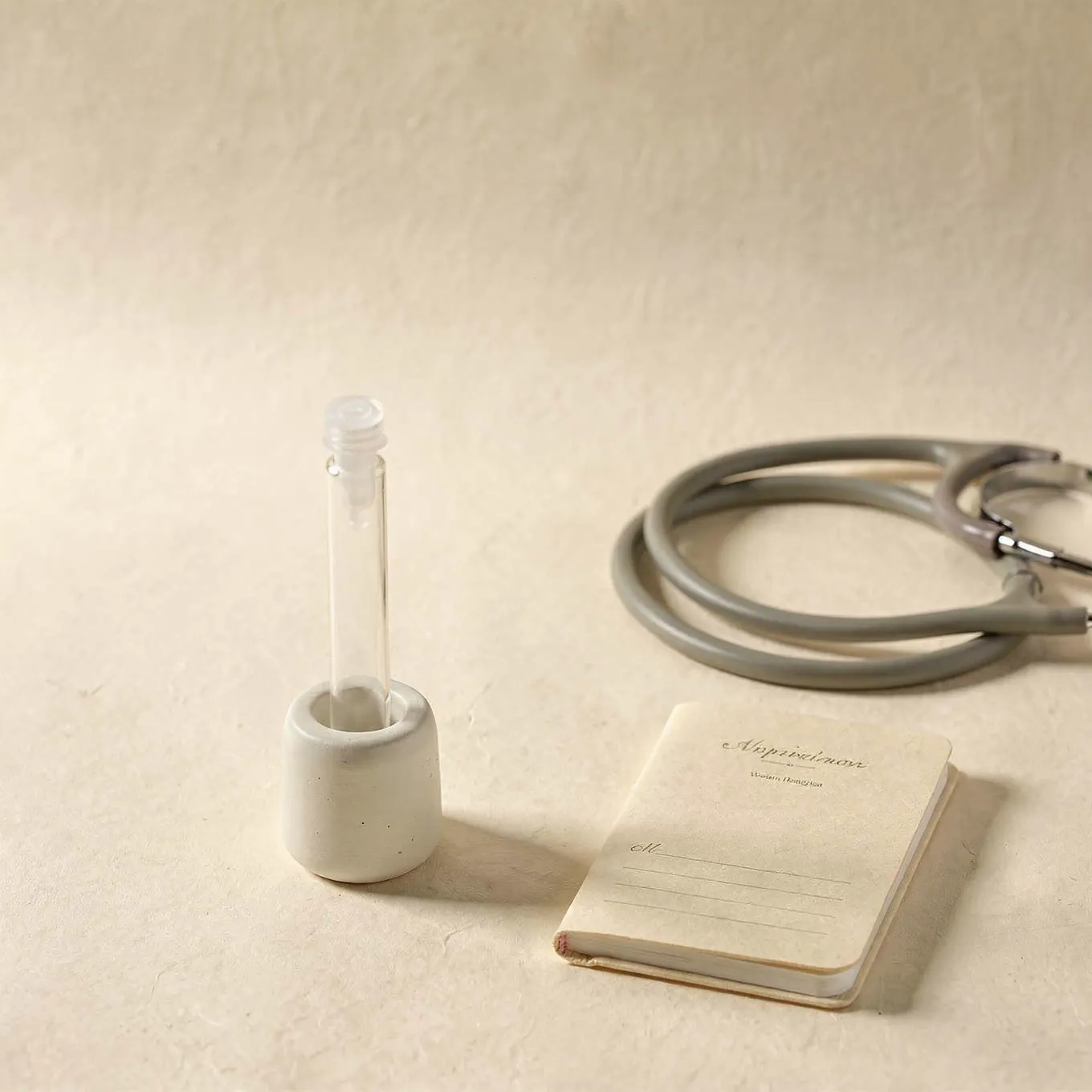 A sample tube in a white ceramic holder beside a coiled stethoscope and a closed notebook on cream paper