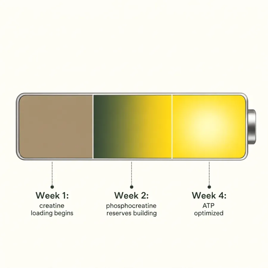 Infographic showing how creatine boosts ATP production like a cellular battery