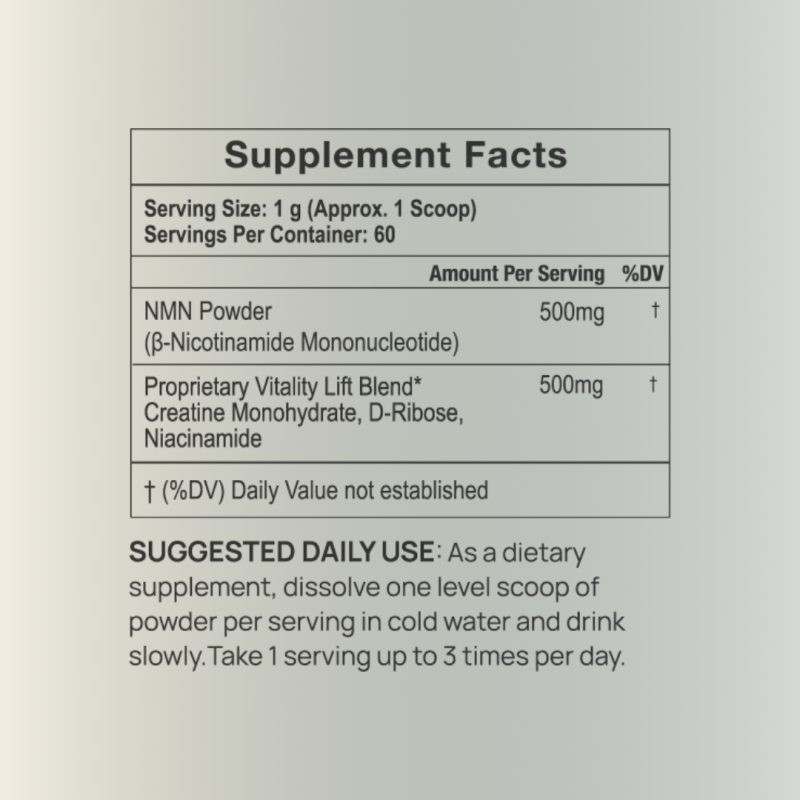 Vitality ↑® NAD+ Booster Powder 6 Jinfiniti Vitality Supplement Label